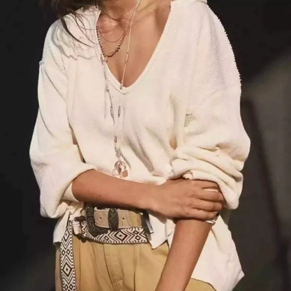 NWOT Free People- Santa Clara Thermal Long Sleeve V-Neck Top- Alabaster - Picture 1 of 5